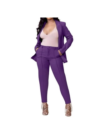 Purple Women Pant Suits Set 2 Pcs Blazer+Straight Trousers Double