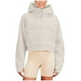 thumbnail image 1 of Lovskoo Women's 2023 Winter Faux Shearling Half Zipper Hooded Sweatshirt Fuzzy Fleece Warm Sherpa Long Sleeve Cropped Pullover Outwear with Pockets Beige, 1 of 7