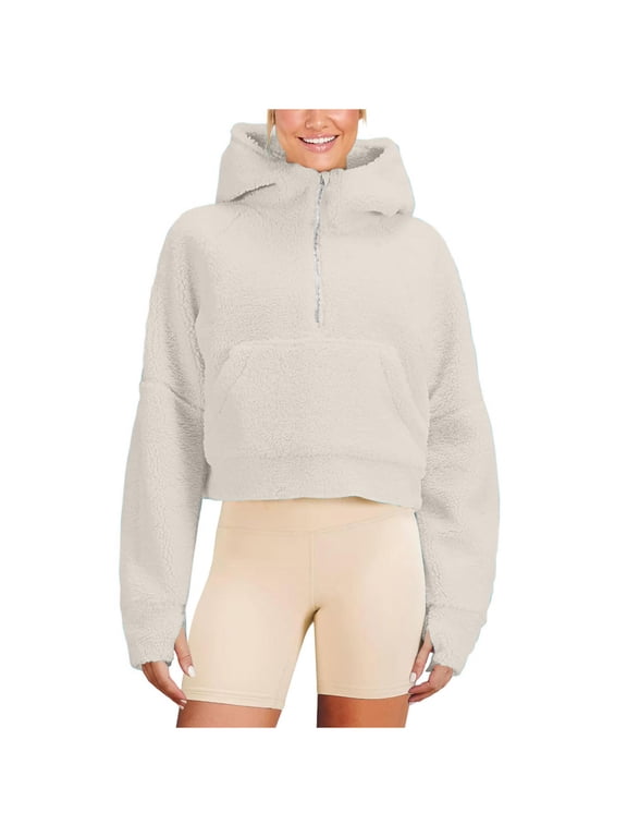 Women's 2023 Winter Faux Shearling Half Zipper Hooded Sweatshirt Fuzzy Fleece Warm Sherpa Long Sleeve Cropped Pullover Outwear with Pockets Beige