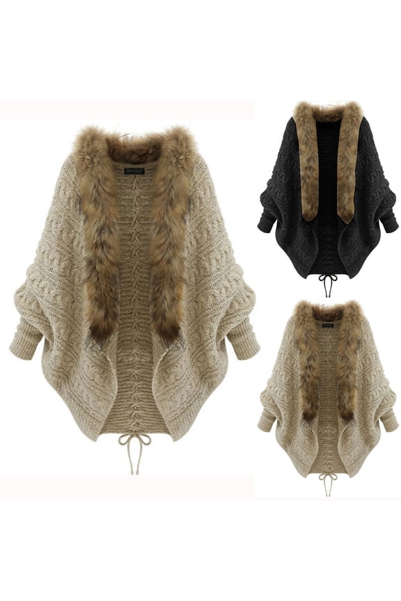 Women's 2023 Winter Fuzzy Batwing Sleeve Cardigan Oversized Faux Fur Knit Cape Shawl Fall Wrap Jacket Sweater Coat Khaki
