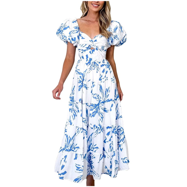 Lovskoo Women's 2024 Boho Floral Summer Sweetheart Neck Puff Short Sleeve  Off Shoulder Smocked Tiered Casual A Line Long Maxi Dress Light Blue L -  Walmart.com