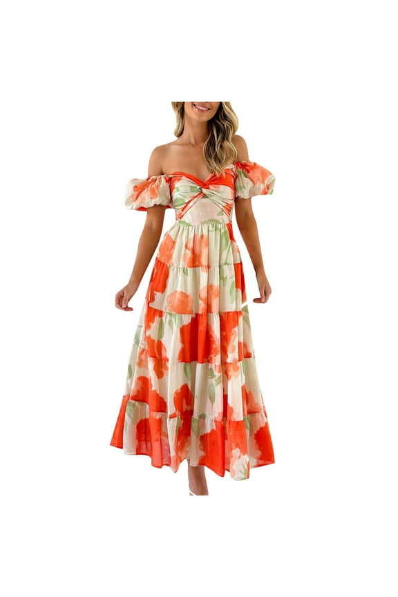 Women's 2024 Boho Floral Summer Sweetheart Neck Puff Short Sleeve Off Shoulder Smocked Tiered Casual A Line Long Maxi Dress Red S