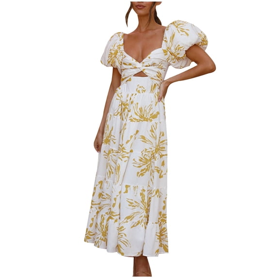 Lovskoo Women's 2024 Boho Floral Summer Sweetheart Neck Puff Short Sleeve Off Shoulder Smocked Tiered Casual A Line Long Maxi Dress Yellow L