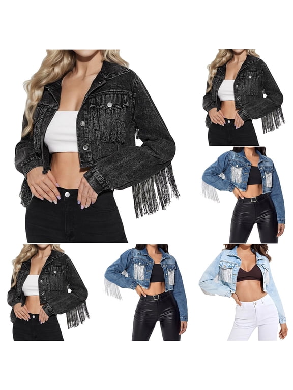 Women's Crop Denim Jacket Tassel Casual Long Sleeve Jean Coat with Fringe Black