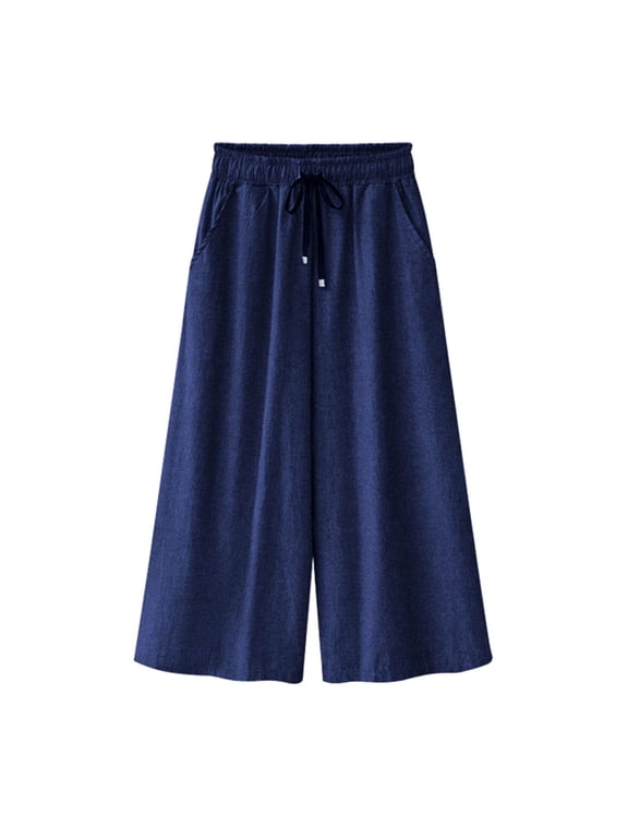 Women's Culottes Linen Blend Wide Leg Pants Elastic Waist Drawstring Casual Palazzo Trousers with Pockets Capris Pants Dark Blue