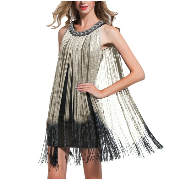 Lovskoo Women's 2024 Flapper Dresses 1920S Vintage Swing Long Tassel Fringe Ballroom Dance Cocktail Dress Beige