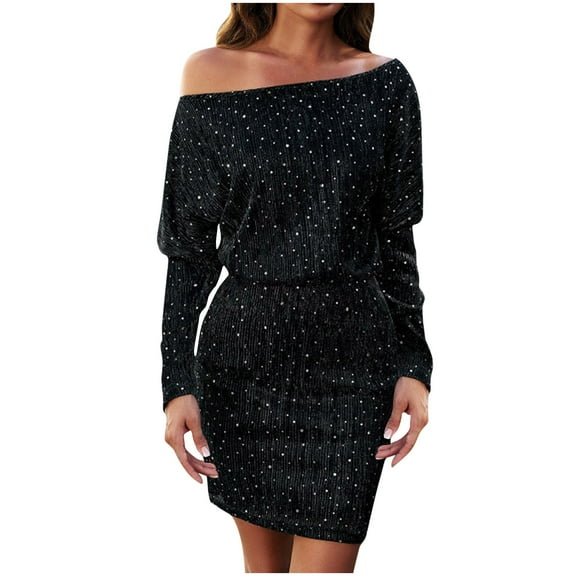 Lovskoo Women's 2024 Glitter Off Shoulder Batwing Long Sleeve Bodycon Mini Dress Black