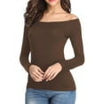 thumbnail image 1 of Lovskoo Women's 2024 Off Shoulder Tops T-Shirt Slim Long Sleeves Spring Fall Stretchy Shirts Blouses Top Brown, 1 of 6