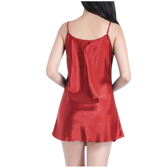 Lovskoo Women's 2024 Satin Nightshirts Silk Nightdress Spaghetti Strap Short Chemise Nightwear Slip with Deep V Neck Hot Pink