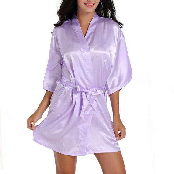 Lovskoo Women's 2024 Satin Robe Valentines Sleepwear for Women Kimono Bathrobe Short Ruffle Belted Robes Bridesmaids Sleepwear Sky Blue