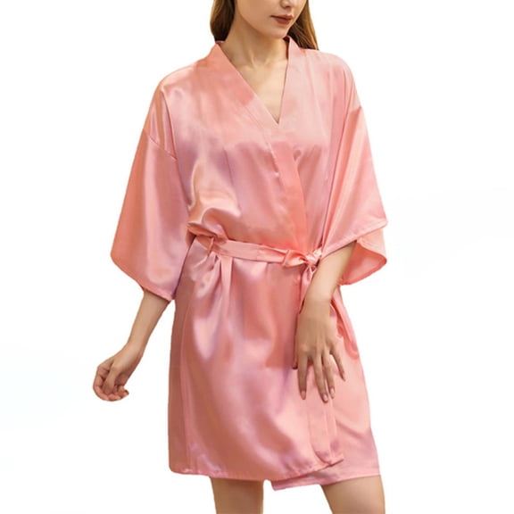 Lovskoo Women's 2024 Satin Robe Valentines Sleepwear for Women Kimono Bathrobe Short Ruffle Belted Robes Bridesmaids Sleepwear Watermelon Red