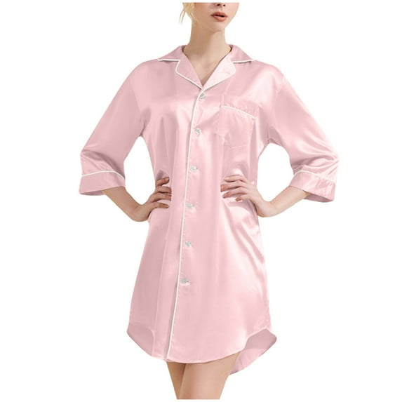 Lovskoo Women's 2024 Satin Sleep Shirt Long Sleeve Sleepwear Silk Nightshirt Button Down Pajama Dress Pink