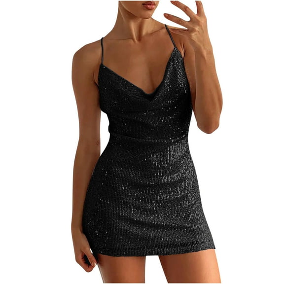 Lovskoo Women's 2024 Sequin Halter Bodycon Mini Dress Backless Cowl Neck Short Dress Open Back Cocktail Party Gown Black