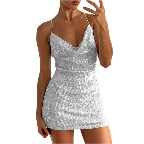 Lovskoo Women's 2024 Sequin Halter Bodycon Mini Dress Backless Cowl Neck Short Dress Open Back Cocktail Party Gown Silver
