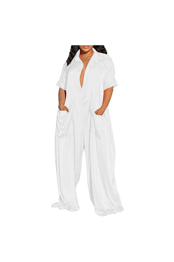 Women's 2024 Short Sleeve Deep V Neck Satin Jumpsuit Casual Wide Leg Rompers Jumpsuits White