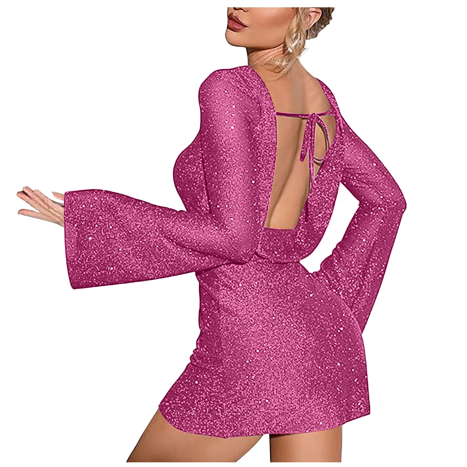 Lovskoo Women's 2024 Sparkly Sequin Backless Tie Bell Sleeve Mini Dress  Long Sleeve Glitter Bodycon Party Club Dresses Pink - Walmart.com