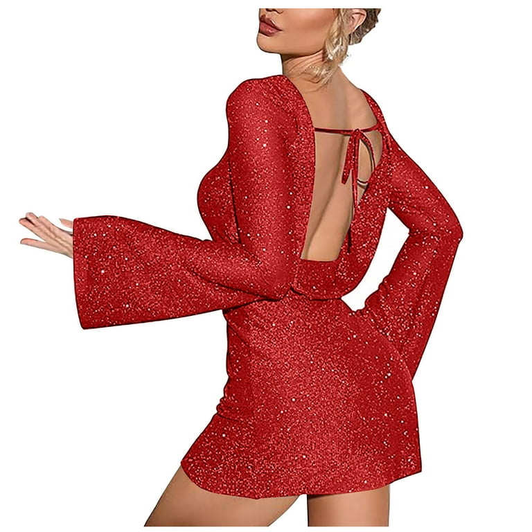 Lovskoo Women s 2024 Sparkly Sequin Backless Tie Bell Sleeve Mini Dress Long Sleeve Glitter Bodycon Party Club Dresses Red Walmart