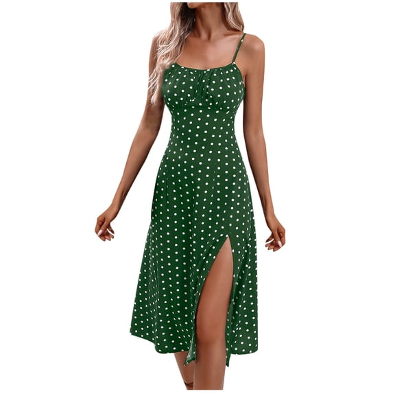 Lovskoo Women's 2024 Summer Casual Boho Sundress Polka Dot Spaghetti Straps Split Hem Scoop Neck Floral Ruched Cute Midi Dresses Olive Green S