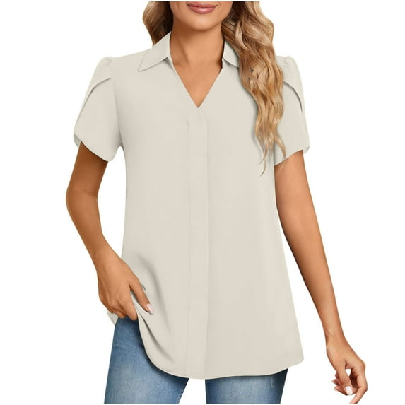 Lovskoo Women's 2024 Summer Collared V Neck Chiffon Blouse Business Tunic Short Sleeve Shirt Dressy Work Tops Shirts Beige S