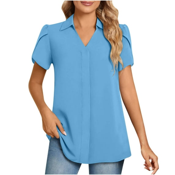 Lovskoo Women's 2024 Summer Collared V Neck Chiffon Blouse Business Tunic Short Sleeve Shirt Dressy Work Tops Shirts Blue 2XL