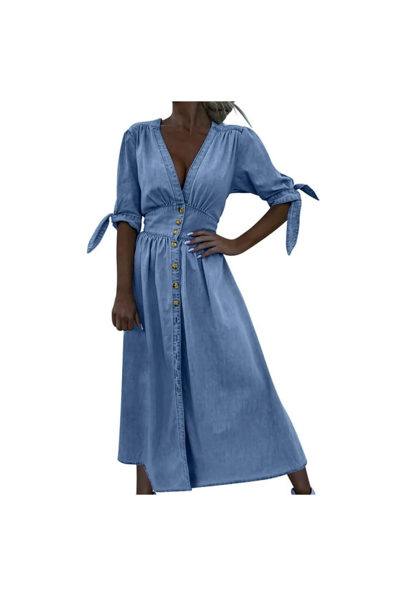 Women's 2024 Summer Denim Dress Sweet & Cute V-Neck Self Tie Short Sleeve Flared Button Front Shirt Dresses Casual Jean Dresses Blue M