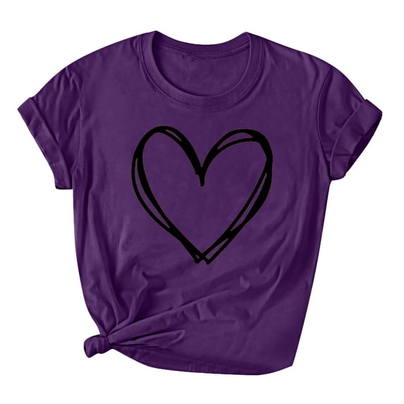 Lovskoo Women's 2024 Summer Tops Valentine Day Love Printed Short Sleeve T-Shirt Top Round Neck Top Shirt Purple