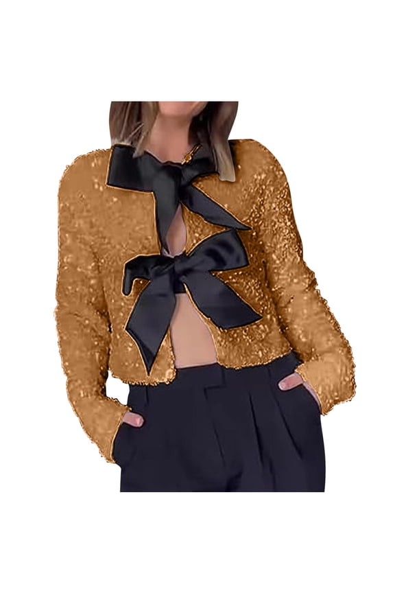 Women's 2025 Bow Tie-Front Sequined Jacket Long Sleeve Sparkling Cropped Top With Bow Coat Gold S