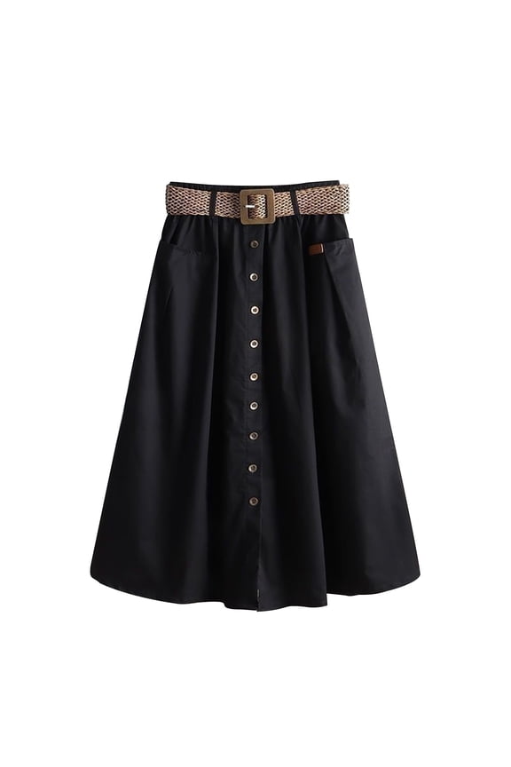 Women's A Line Flared Midi Skirt High Waisted Button Down Swing Skirt with Belts Black