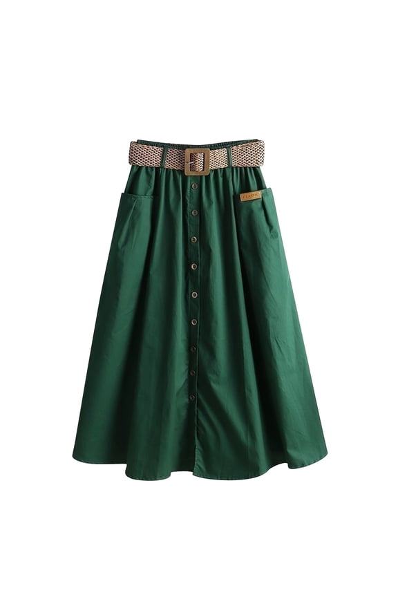Women's A Line Flared Midi Skirt High Waisted Button Down Swing Skirt with Belts Green