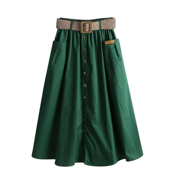 Lovskoo Women's A Line Flared Midi Skirt High Waisted Button Down Swing Skirt with Belts Green