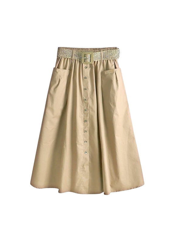 Women's A Line Flared Midi Skirt High Waisted Button Down Swing Skirt with Belts Khaki