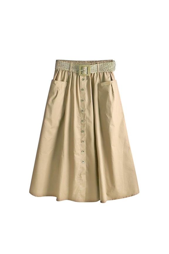 Women's A Line Flared Midi Skirt High Waisted Button Down Swing Skirt with Belts Khaki
