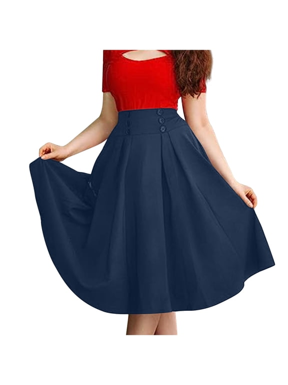 Women's A Line Flared Midi Skirt High Waisted Solid Color Button Down Swing Skirt Blue