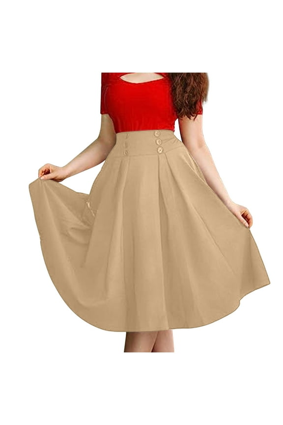 Women's A Line Flared Midi Skirt High Waisted Solid Color Button Down Swing Skirt Khaki