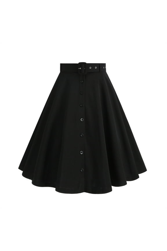 Women's A Line Flared Midi Skirt Vintage Stretch High Waisted Button Down Swing Skirt with Pockets and Belts Black