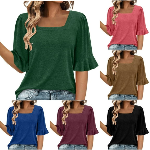 Lovskoo Women's Basic Tees Fashion Summer Solid Color Ruffle Short Sleeve Square Neck Blouses Khaki