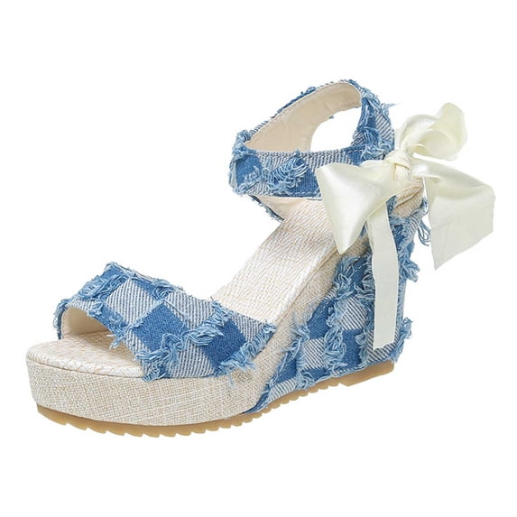 Lovskoo Women's Boho Wedge Sandals Open Toe Ankle Strap Summer Platform Bow Lace-Up Beach Sandals Blue