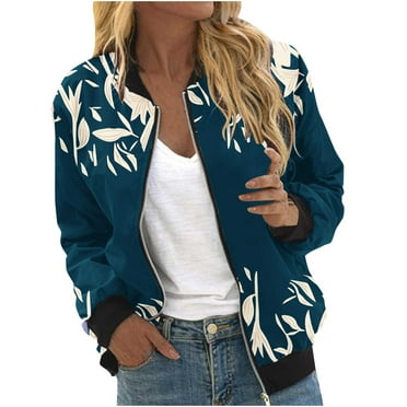 Lovskoo Women's Bomber Jacket Floral Printed Cardigan Zippered Long Sleeve Casual Jacket Flight Jacket Blue