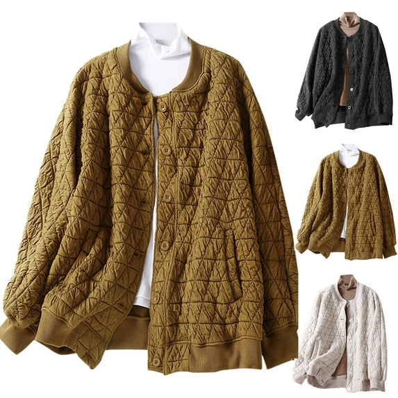 Lovskoo Women's Bomber Jacket Retro Diamond Quilted Winter Warm Long Sleeve Button Up Raglan Jacket Pockets Outerwear Beige