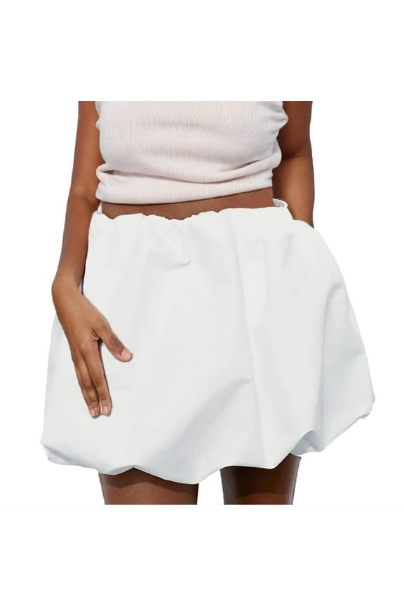 Women's Bubble Mini Skirt Low Waist Pleated Puffy Short Skirts A-Line Rufle Flared Mini Skirts White
