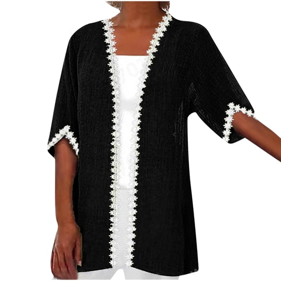 Lovskoo Women's Cardigan Half Sleeves Open Front Cardigan Draped Ruffles Cotton Linen Cover Ups Black