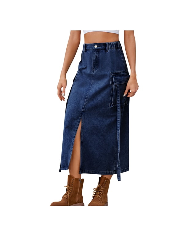 Women's Cargo Denim Skirt High Waisted Jean Side Split Y2K Midi Skirts with Pocket Blue
