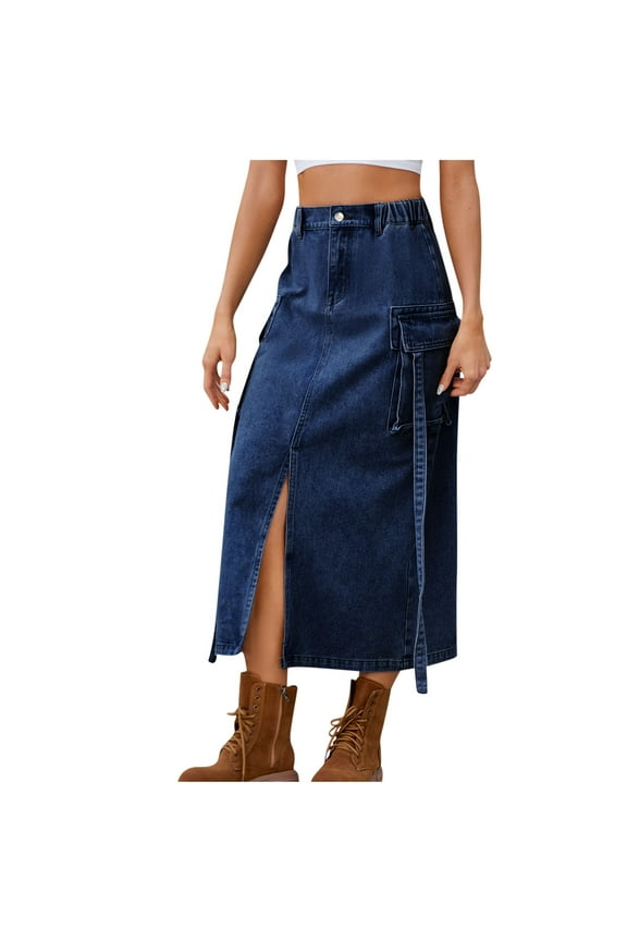 Women's Cargo Denim Skirt High Waisted Jean Side Split Y2K Midi Skirts with Pocket Blue