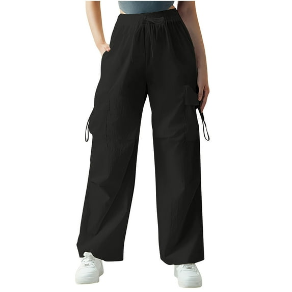 Lovskoo Women's Cargo Pants Solid Color High Waist Flap Pocket Work Pants Trousers with Pockets Black