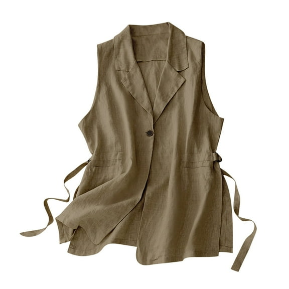 Lovskoo Women's Casual Cotton Linen Blazer Vest Vintage Sleeveless Open Front Cardigan V-Neck Blazer Waistcoat Tops Khaki