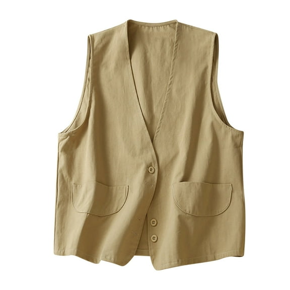 Lovskoo Women's Casual Cotton Linen Blazer Vest Vintage Sleeveless Open Front Cardigan V-Neck Blazer Waistcoat Tops Khaki