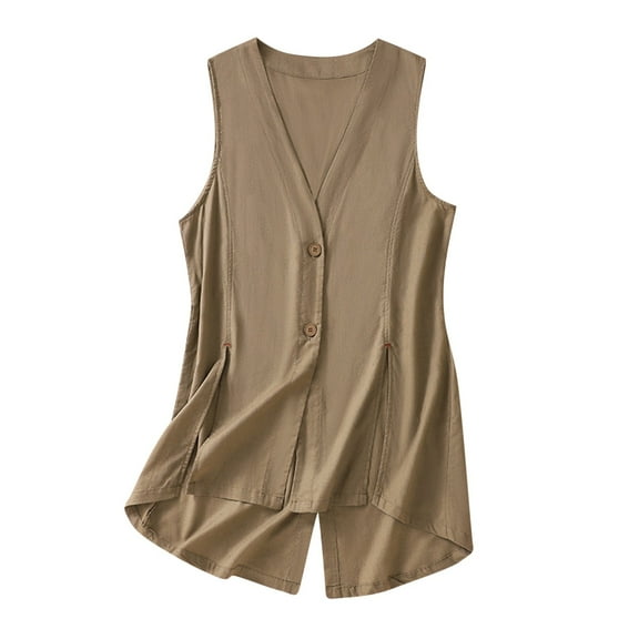 Lovskoo Women's Casual Cotton Linen Vest Vintage Sleeveless Open Front Cardigan V-Neck Blazer Waistcoat Tops Khaki