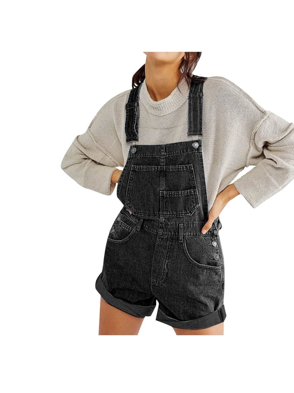 Women's Casual Denim Bib Overall Shorts Adjustable Straps Cuffed Hem Shortall Rompers Black