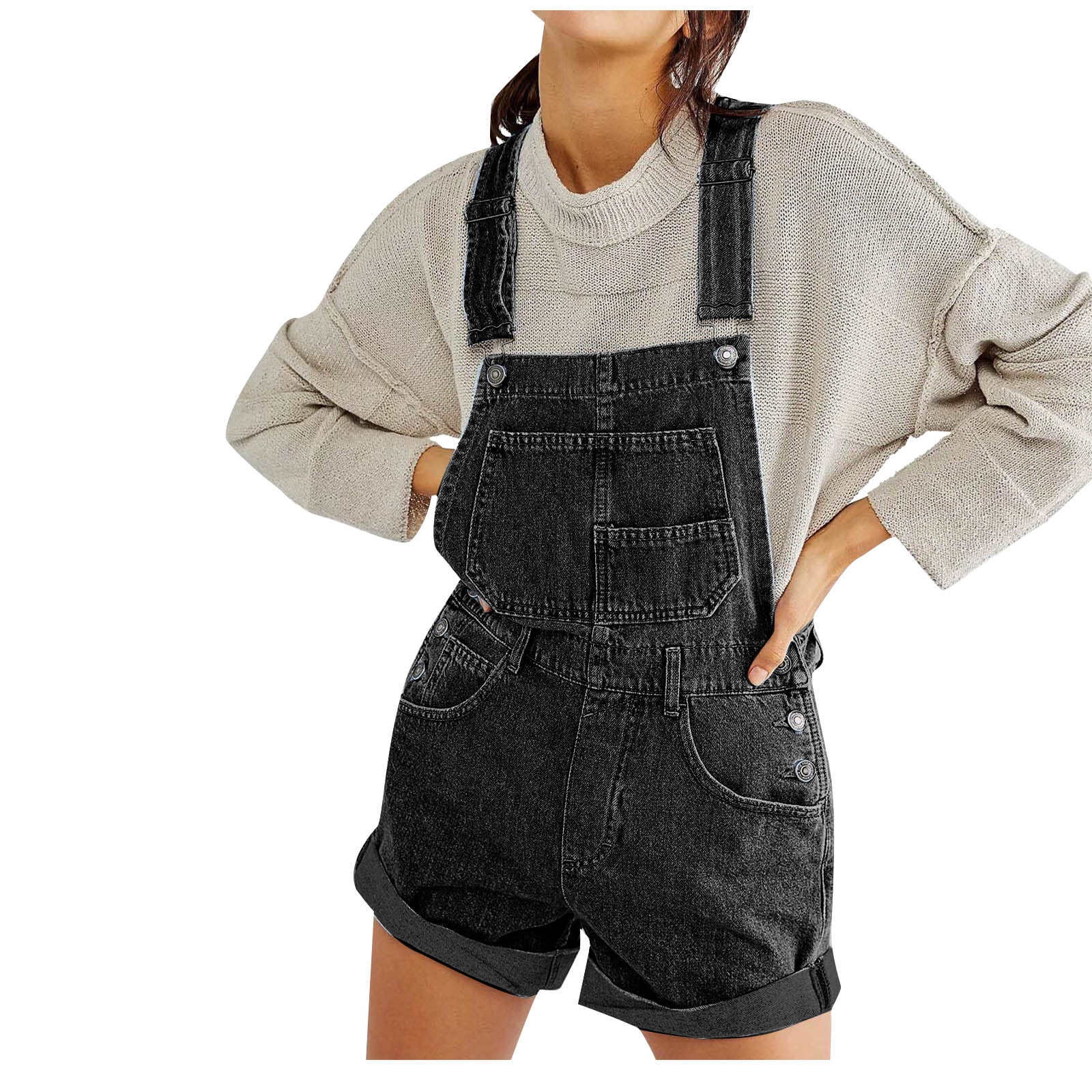 Lovskoo Women s Casual Denim Bib Overall Shorts Adjustable Straps Cuffed Hem Shortall Rompers Black Walmart