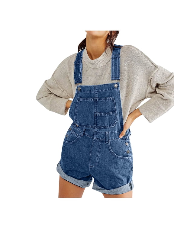Women's Casual Denim Bib Overall Shorts Adjustable Straps Cuffed Hem Shortall Rompers Blue